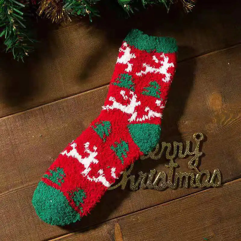 Elderly Elk Half Fleece Christmas Socks for Adults