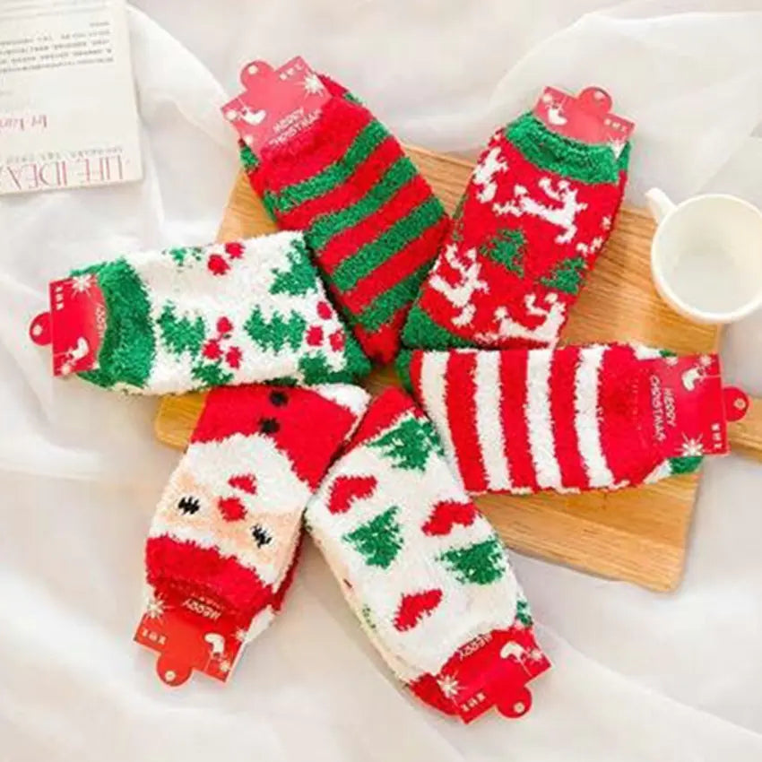 Elderly Elk Half Fleece Christmas Socks for Adults